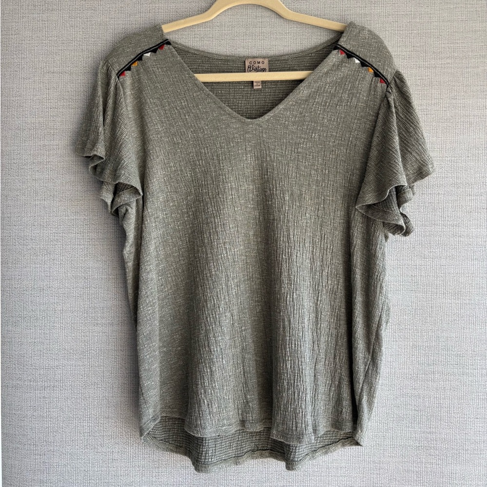 Como Vintage Olive V-Neck Flutter Sleeve Top with Multicolor Shoulder Trim